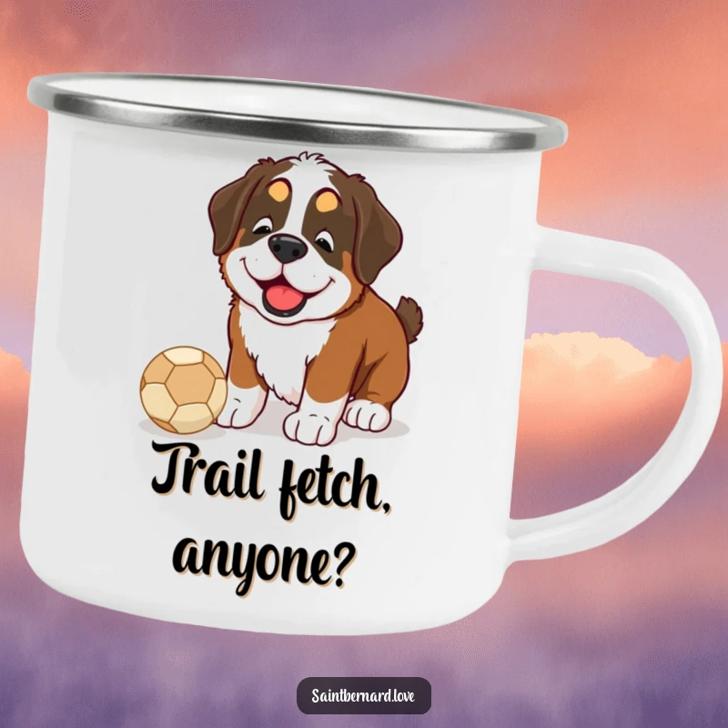 Funny Saint Bernard camping mug showing a happy dog nudging a ball with its nose, great for outdoor enthusiasts.