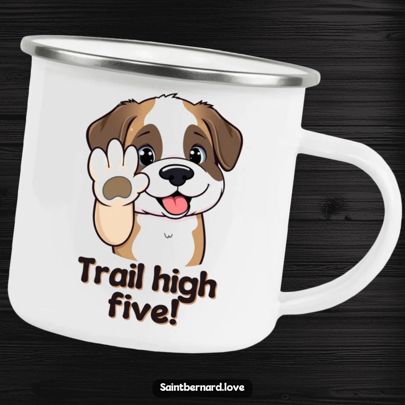 Funny Saint Bernard camping mug featuring a kawaii dog offering its paw for a high-five, ideal for celebrating hikes and campfires.