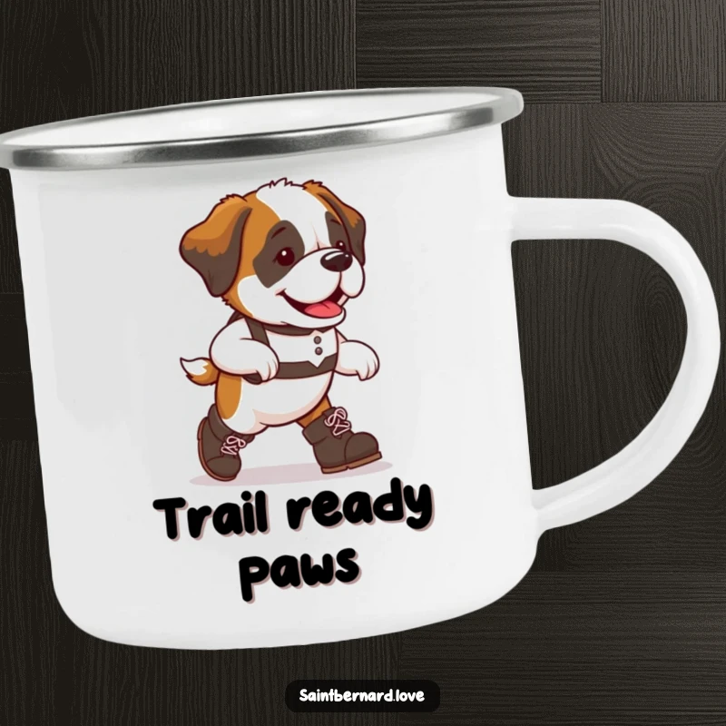 Funny Saint Bernard dog camping mug, big boots, marching with outdoor spirit, a rugged and humorous mug for adventurers and dog fans.