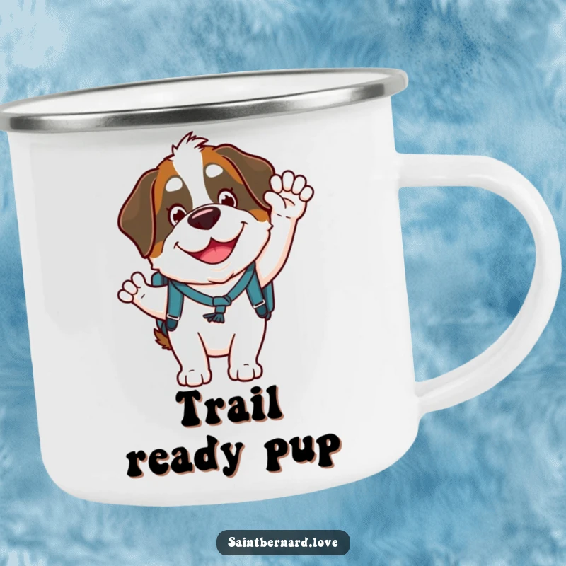 Funny Saint Bernard camping mug showing a goofy character with a backpack waving hello, perfect for enjoying drinks during outdoor activities.
