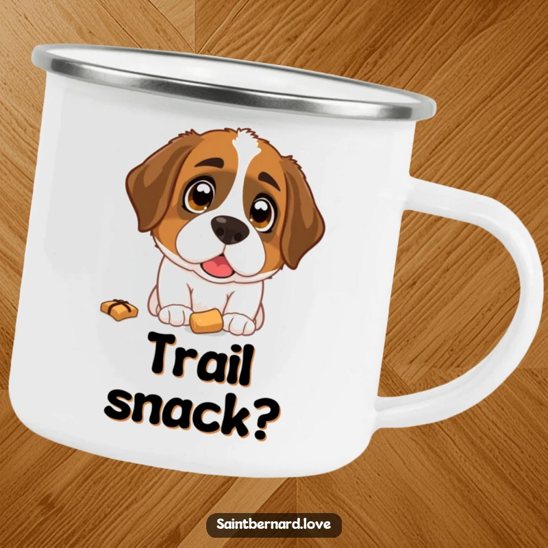 Funny Saint Bernard Camping Mug: A sturdy enamel mug featuring a Saint Bernard with wide, hopeful eyes intently looking at a dropped treat.