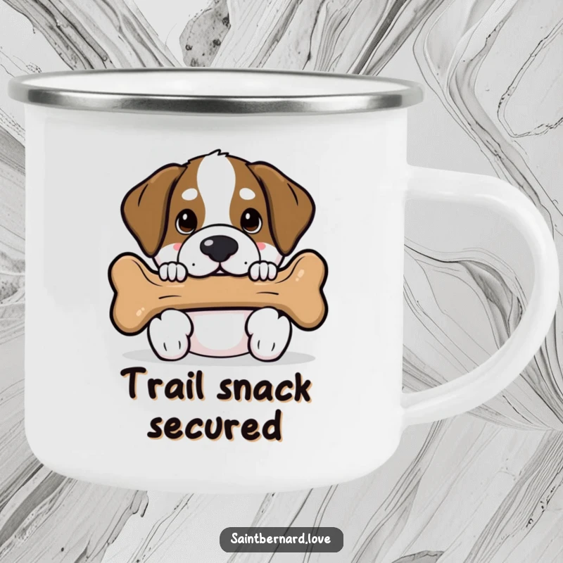 Funny Saint Bernard camping mug featuring a kawaii dog peeking playfully from behind a dog bone, ideal for sipping on the go.