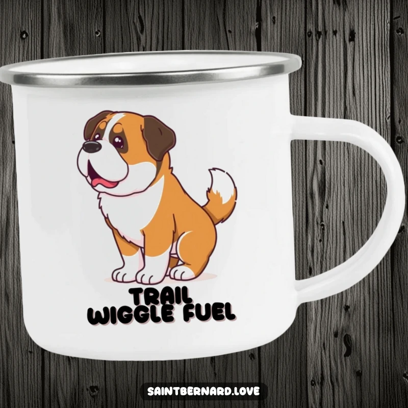Funny Saint Bernard camping mug, a durable mug showing a dog shaking its entire body from a wagging tail, perfect for happy campers.