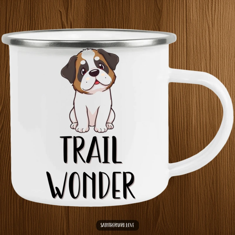 Funny Kawaii Saint Bernard Camping Mug: A durable enamel mug shows a cute Saint Bernard tilting its head curiously, perfect for outdoor, funny moments.