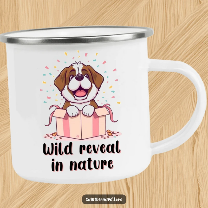 Funny camping mug featuring a Saint Bernard character dramatically bursting from a gift box with confetti, perfect for outdoor surprises.