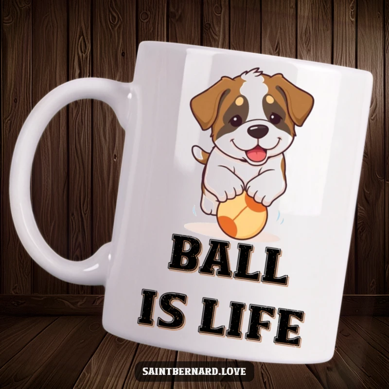 Funny Saint Bernard Puppy Mug: A cute Saint Bernard puppy with wonderfully floppy ears in hot pursuit of a rolling ball, pure puppy bliss.