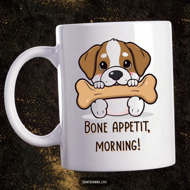 Funny Saint Bernard mug featuring a cute kawaii dog peeking mischievously from behind an oversized dog bone, with curious eyes.