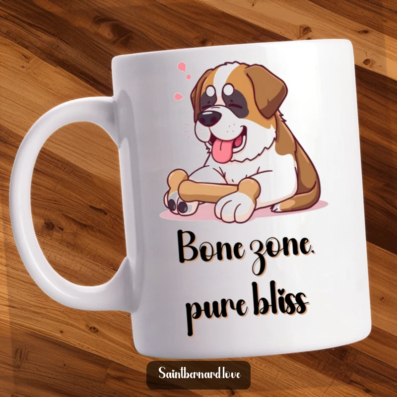 Funny Saint Bernard Mug: Contented Saint Bernard sighs happily while lounging with a large bone, a picture of canine bliss.