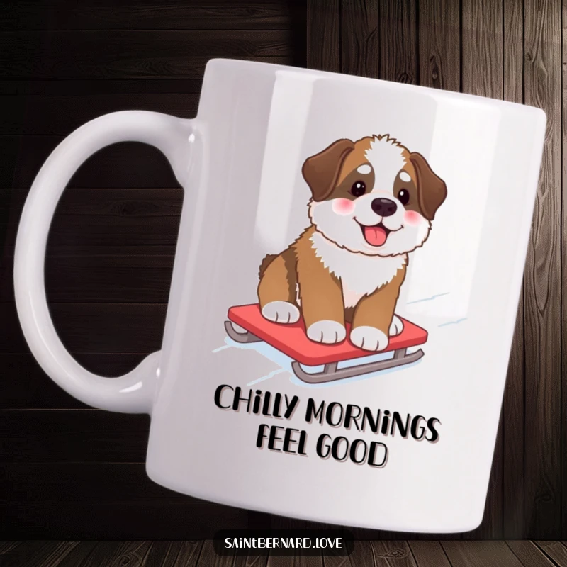 Funny Mug featuring a fluffy Saint Bernard pup with rosy cheeks, gleefully sliding down a snowy hill on a red sled.