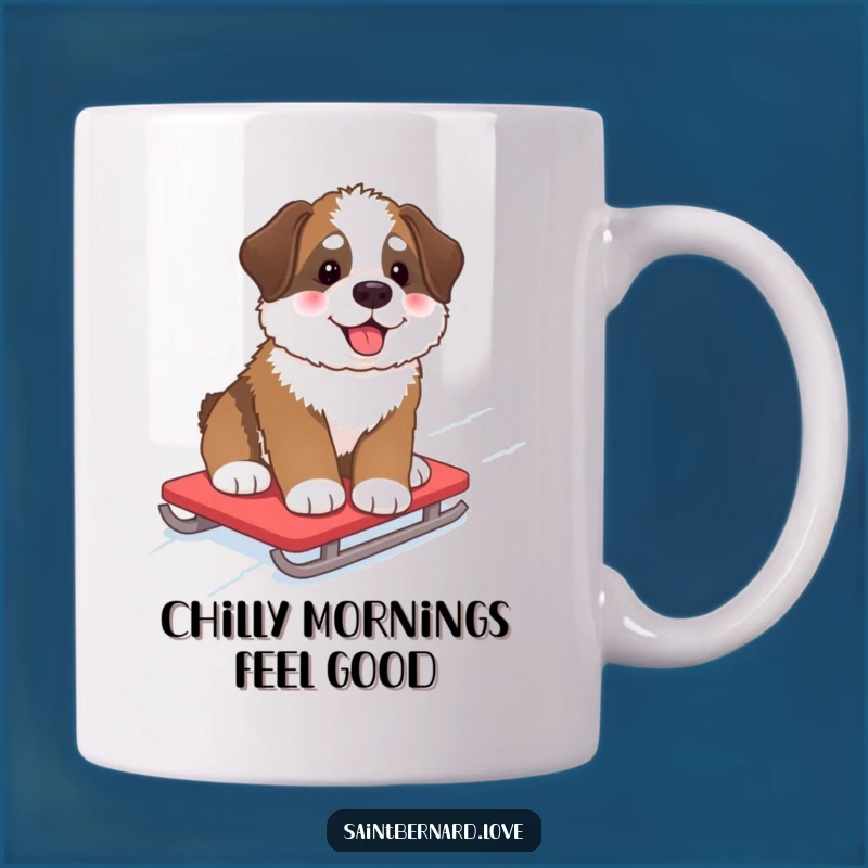 Funny Saint Bernard Pup Mug: Snowy Sled Ride, Rosy Cheeks, Perfect Humorous Gift