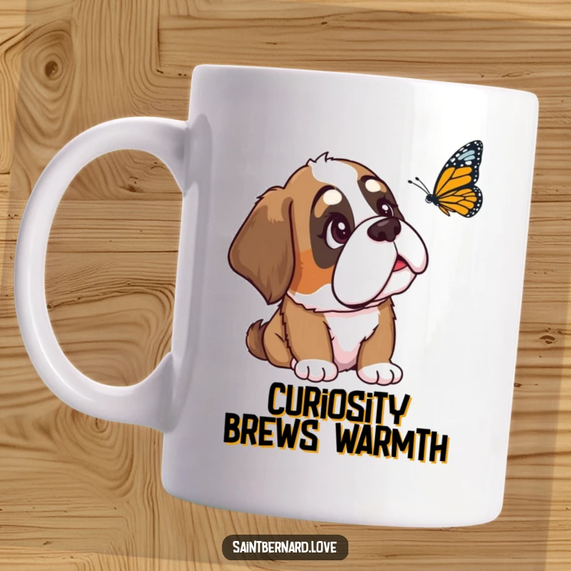 Funny Saint Bernard mug depicting a loyal dog with one ear down, tilting its head curiously to observe a delicate butterfly, a heartwarming scene.
