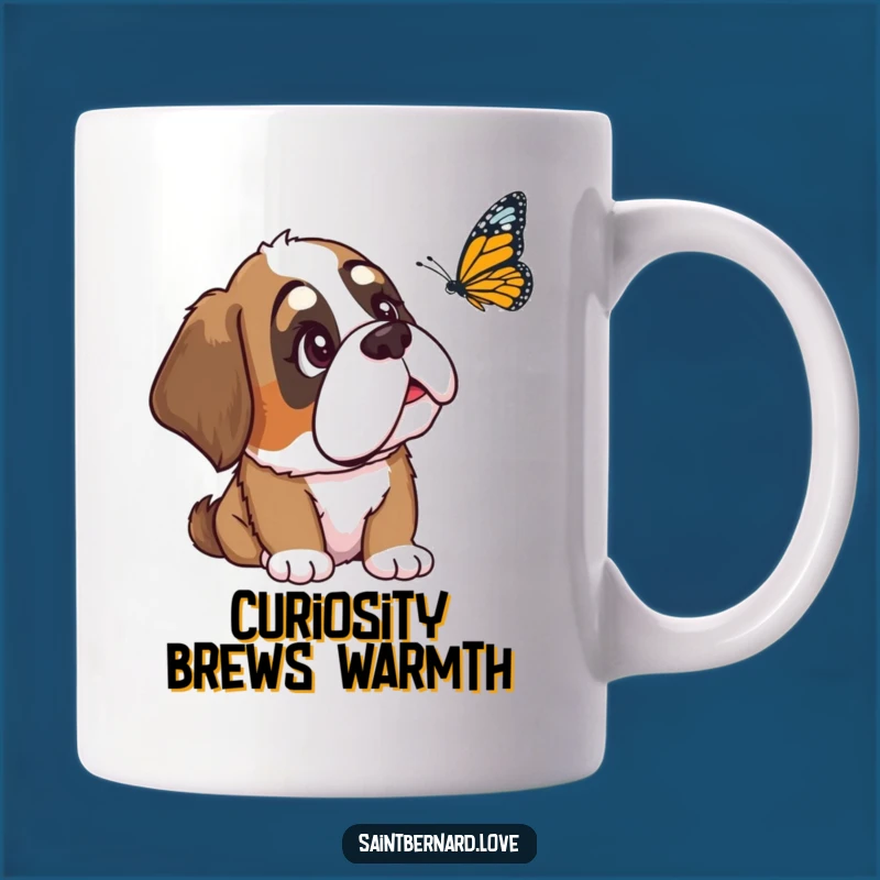 Funny Saint Bernard Mug: Curious Ear-Flopped Dog Watching a Butterfly, Gift