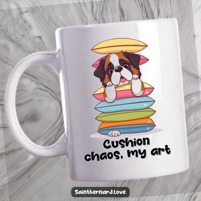 Funny Saint Bernard Mug: Adorable Saint Bernard hilariously attempts to balance a tall stack of colorful cushions, a clumsy canine.