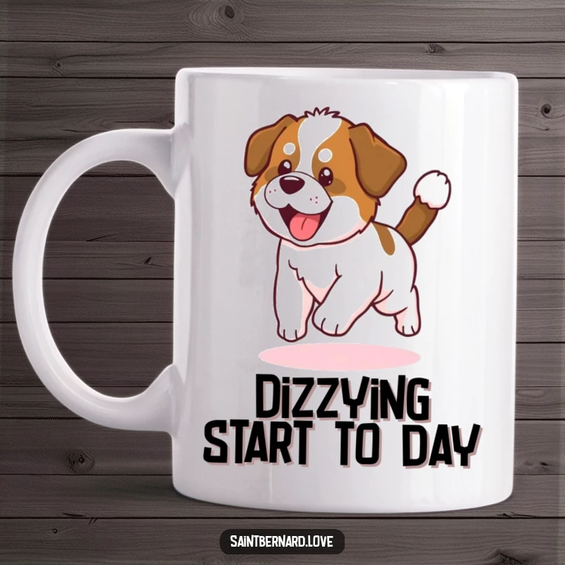 Funny Saint Bernard Puppy Mug: Adorable puppy chasing tail in a circle, full of playful energy and cuteness, perfect for coffee drinkers.