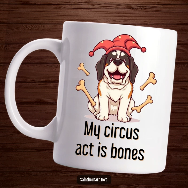 Funny Saint Bernard mug featuring a giant dog in a jester hat, gleefully juggling large bones with a huge smile, ideal for dog lovers.