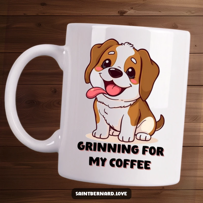 Funny Saint Bernard mug showcasing a cute kawaii dog with a wide, happy, panting grin, its tongue lolling out in pure delight.