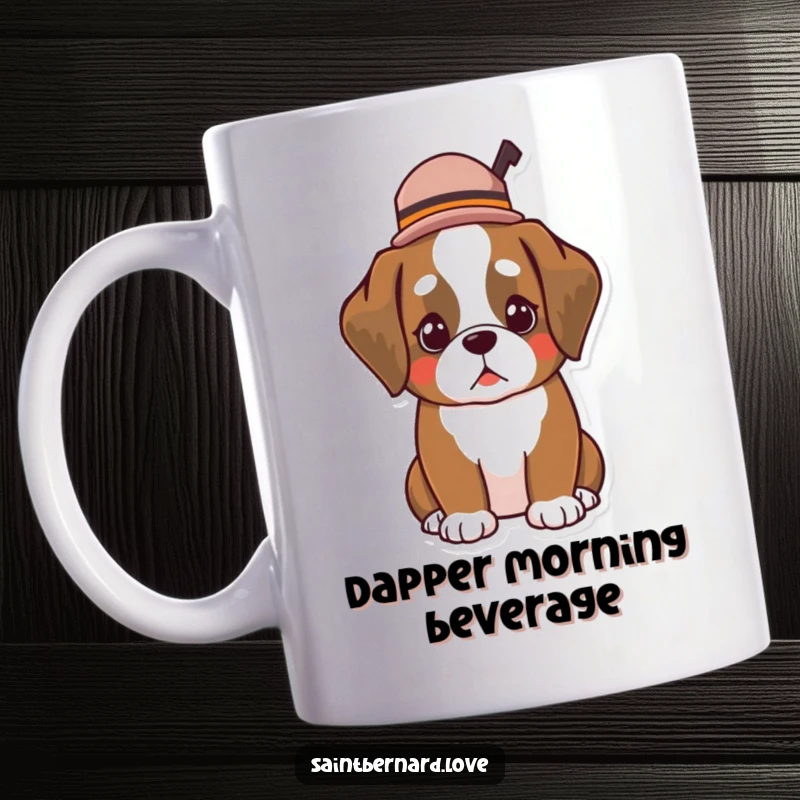 Funny Kawaii Saint Bernard mug, wearing a small, jauntily tipped hat, exuding dapper charm and sophisticated humor.
