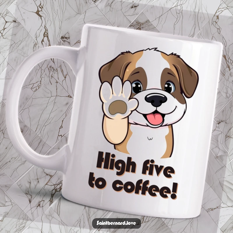 Funny Saint Bernard mug featuring a cute kawaii dog holding its paw out expectantly for a high-five, radiating friendly energy.
