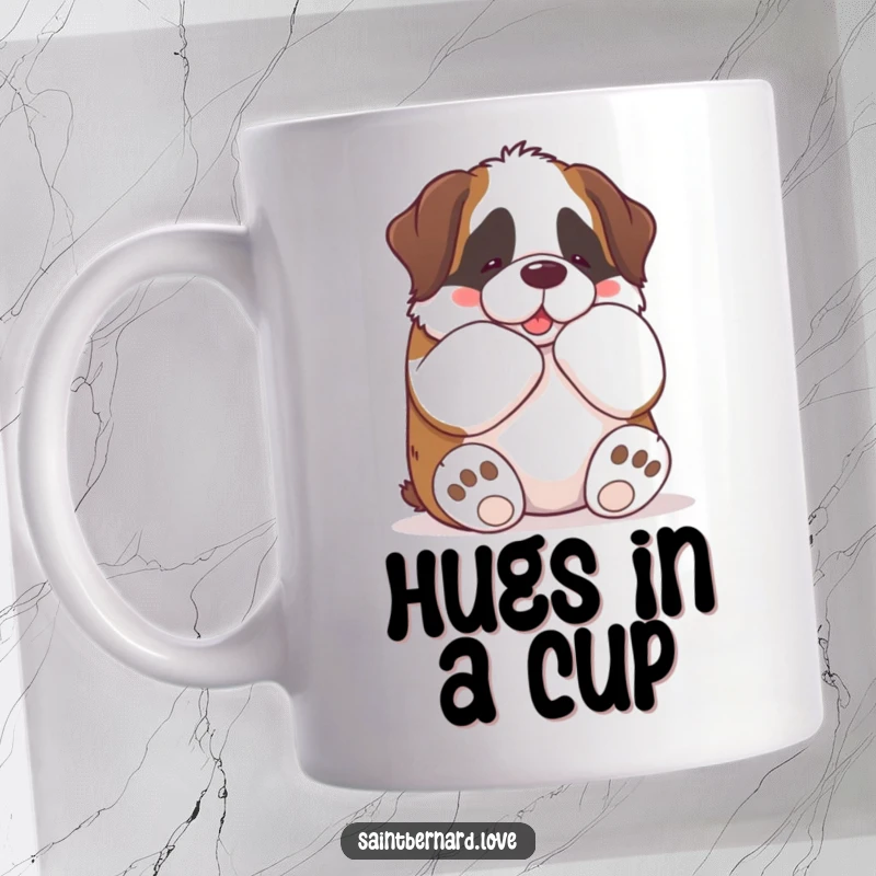 Funny Kawaii Saint Bernard Mug: A cute dog gives a big bear hug with its paws, showcasing funny, heartwarming affection for dog lovers.