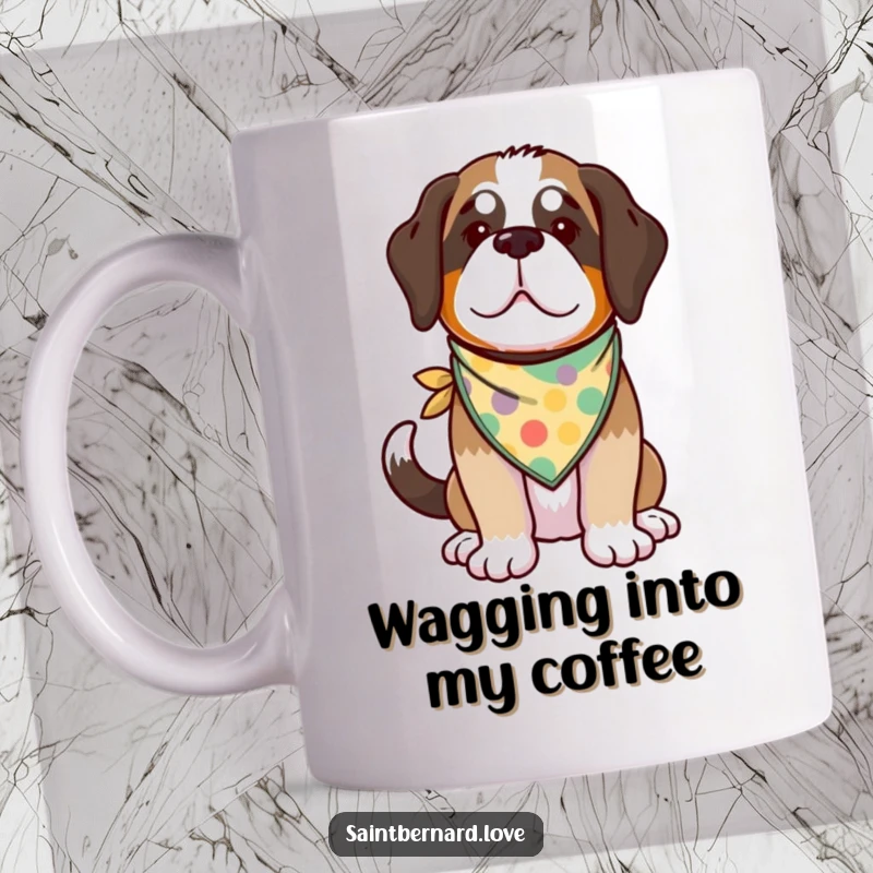 Funny Kawaii Saint Bernard Mug featuring a happy dog with a wagging tail, wearing a colorful bandana, radiating pure joy.