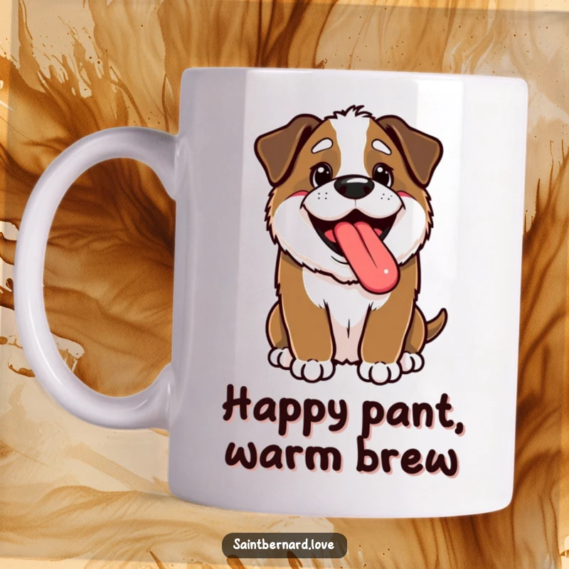 Funny Kawaii Saint Bernard Mug: A happy puppy pants with its tongue out, showing off funny, joyful canine contentment.