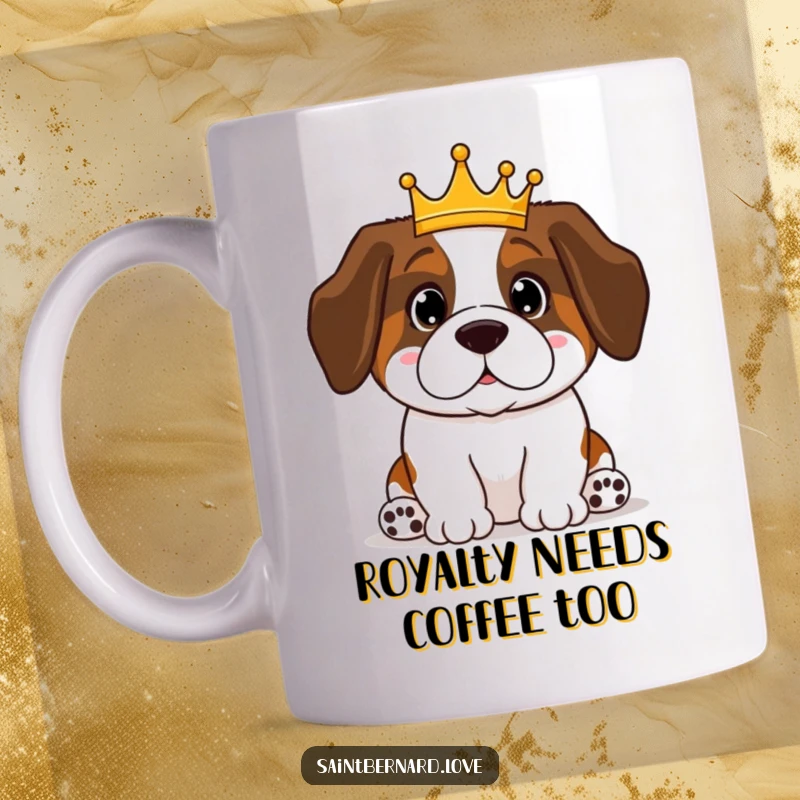 Funny Kawaii Saint Bernard mug showing a proud, royal dog wearing a tiny crown, sitting majestically. Ideal for a funny gift.