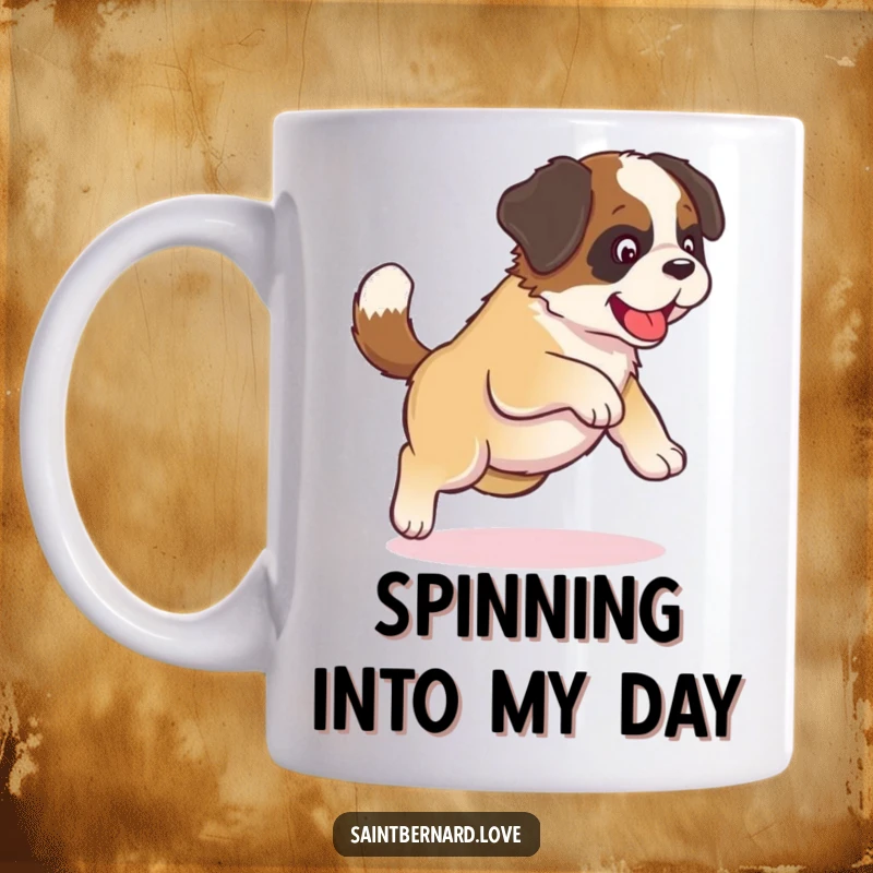 Funny Kawaii Saint Bernard Puppy Mug: A cute puppy chases its tail in a funny circle, capturing adorable doggy antics.