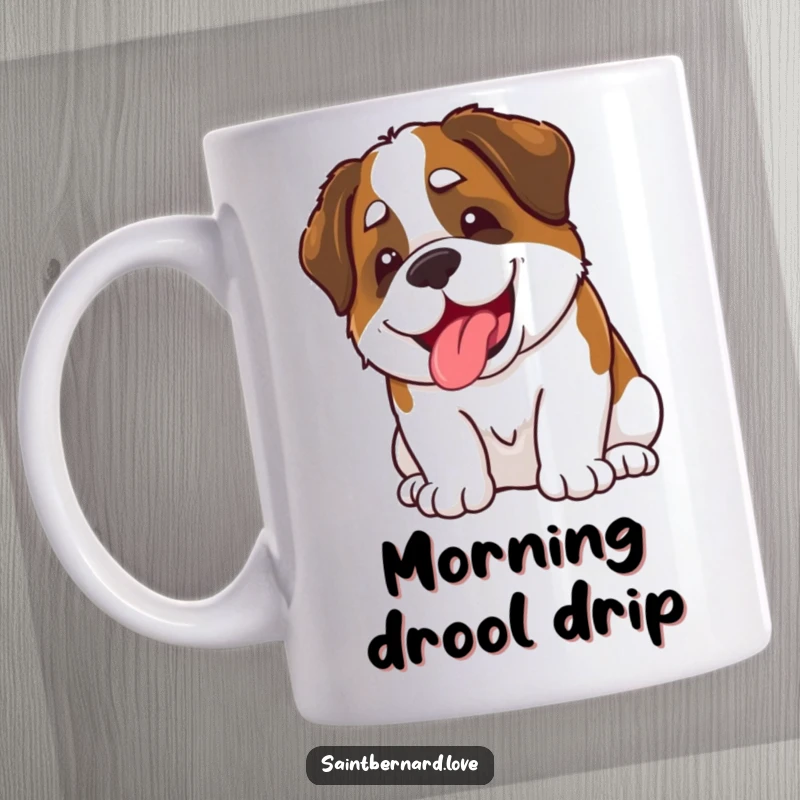Funny Kawaii Saint Bernard Mug: A cute dog with a big grin playfully slobbers, embodying funny, slobbery affection for dog enthusiasts.