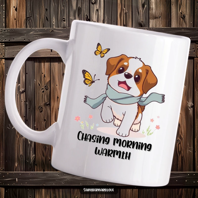 Funny Saint Bernard mug, a gentle giant in a scarf chasing a butterfly, whimsical and humorous pet art.
