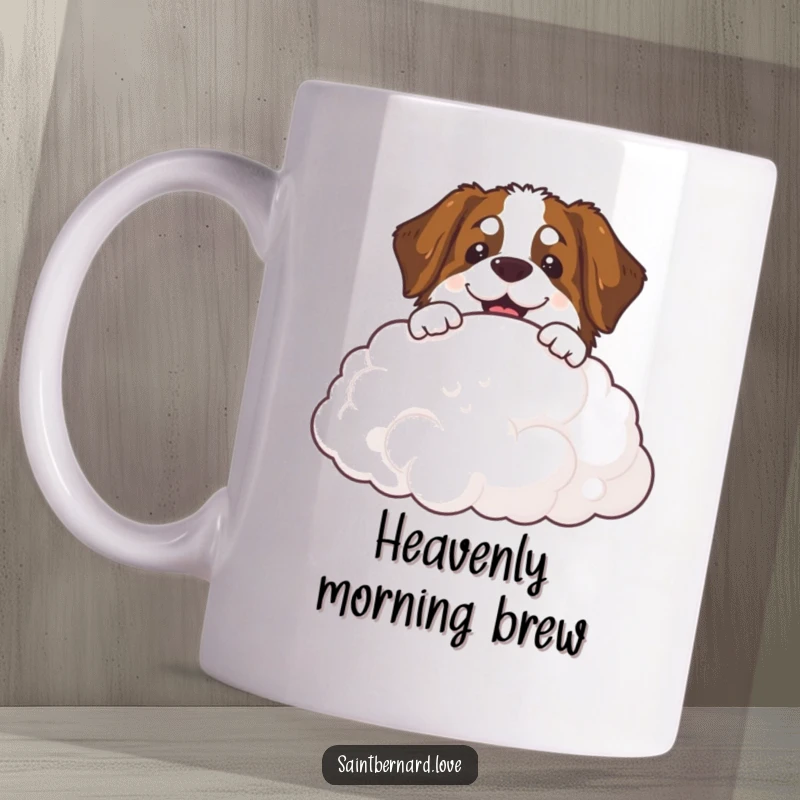 Funny Saint Bernard mug showing a large, smiling dog peeking over a fluffy white cloud, looking serene and happy.