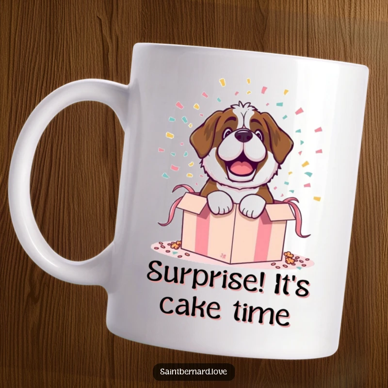 Funny mug showing a Saint Bernard character dramatically bursting from a gift box, surrounded by flying confetti, a surprise.