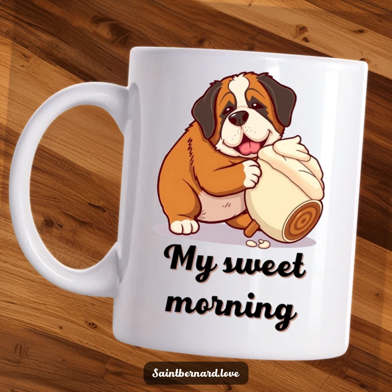 Funny Saint Bernard mug shows a big dog nudging a giant, melting ice cream cone, capturing a moment of pure craving and humor.