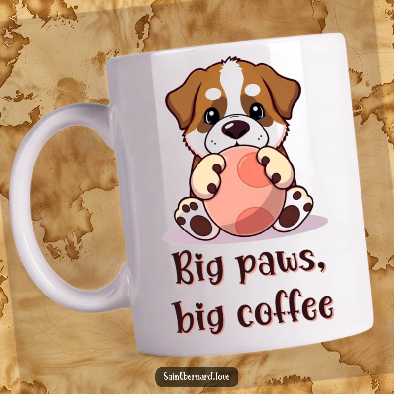Funny Saint Bernard mug featuring a cute Kawaii dog with oversized paws joyfully playing with a large ball. A humorous gift.