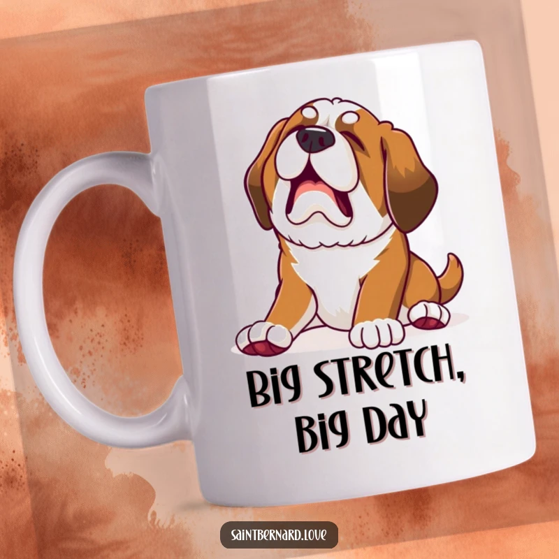 Funny Kawaii Saint Bernard Puppy Mug: Puppy stretches with a huge yawn, relatable funny gift.