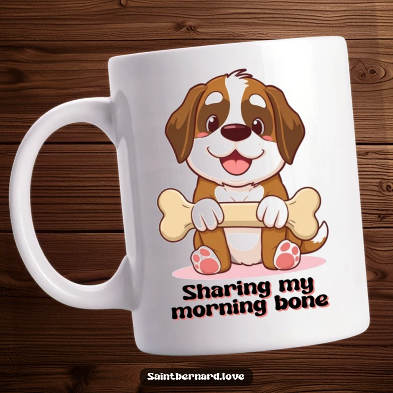 Funny Saint Bernard mug, kawaii dog offering giant bone with smile, generous and happy illustration, perfect for coffee lovers, humorous pet gift.