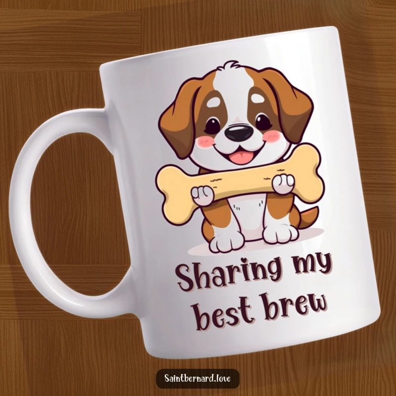 Funny Saint Bernard mug showing a smiling Kawaii dog offering a huge bone, symbolizing generosity. A heartwarming and humorous gift.