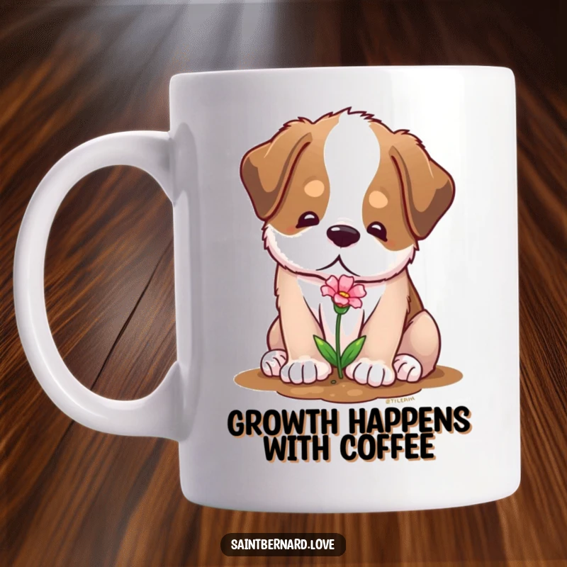 Funny mug featuring a soft Saint Bernard with a gentle expression, carefully planting a tiny flower, embodying kindness.