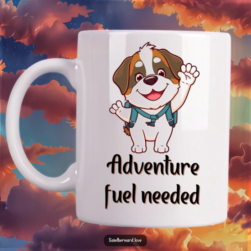 Funny Saint Bernard mug showing a goofy character with a huge smile, wearing a small backpack and enthusiastically waving, a delightful gift for dog lovers.