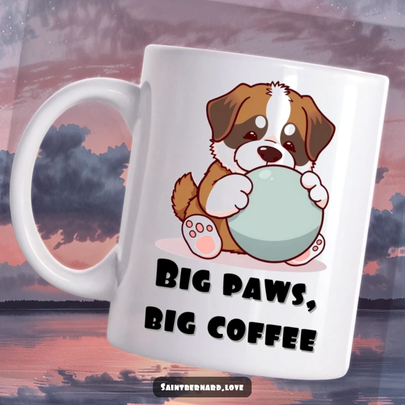 Funny Saint Bernard mug, kawaii dog with big paws playing large ball, joyful and energetic illustration, perfect for coffee lovers, humorous pet gift.