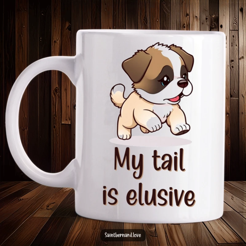 Funny Kawaii Saint Bernard Puppy Mug: Puppy chases tail with glee, adorable funny gift.