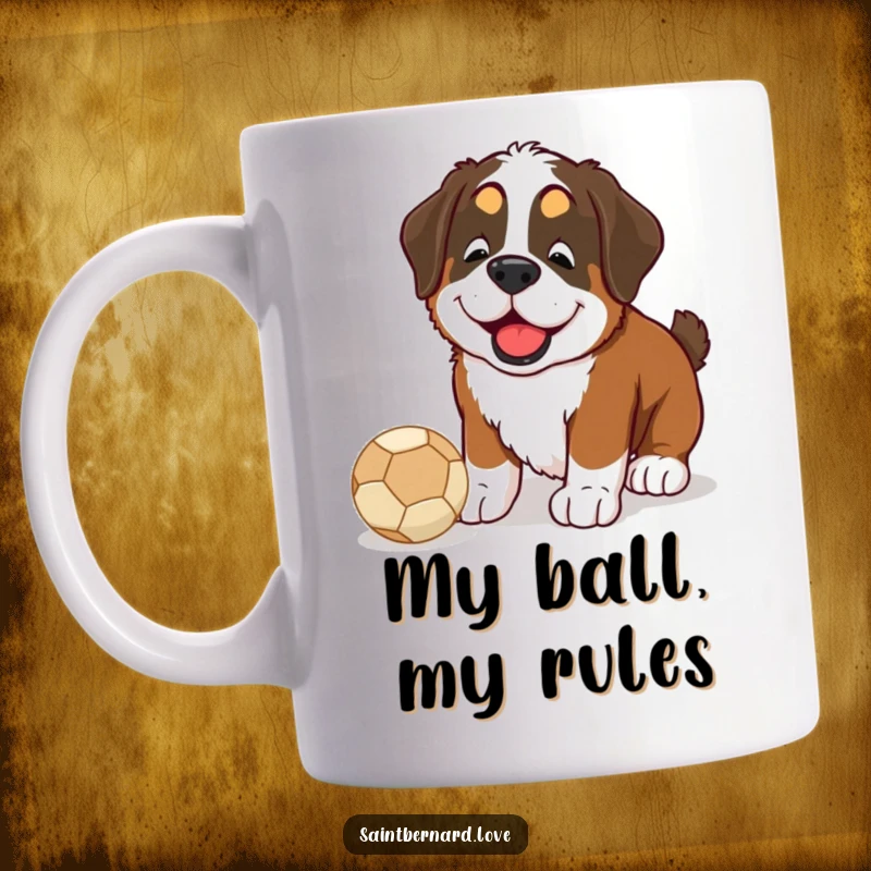 Funny Saint Bernard mug with nose gently pushing a ball, showcasing pure canine happiness and a wagging tail.