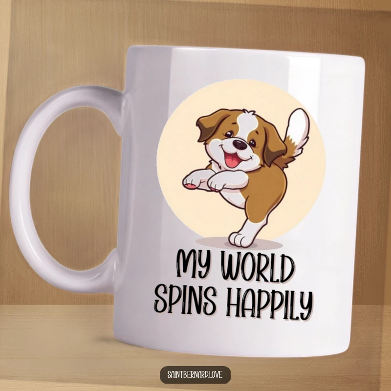 Funny mug featuring a Saint Bernard pup joyfully chasing its own tail in a circular motion, pure puppy happiness.