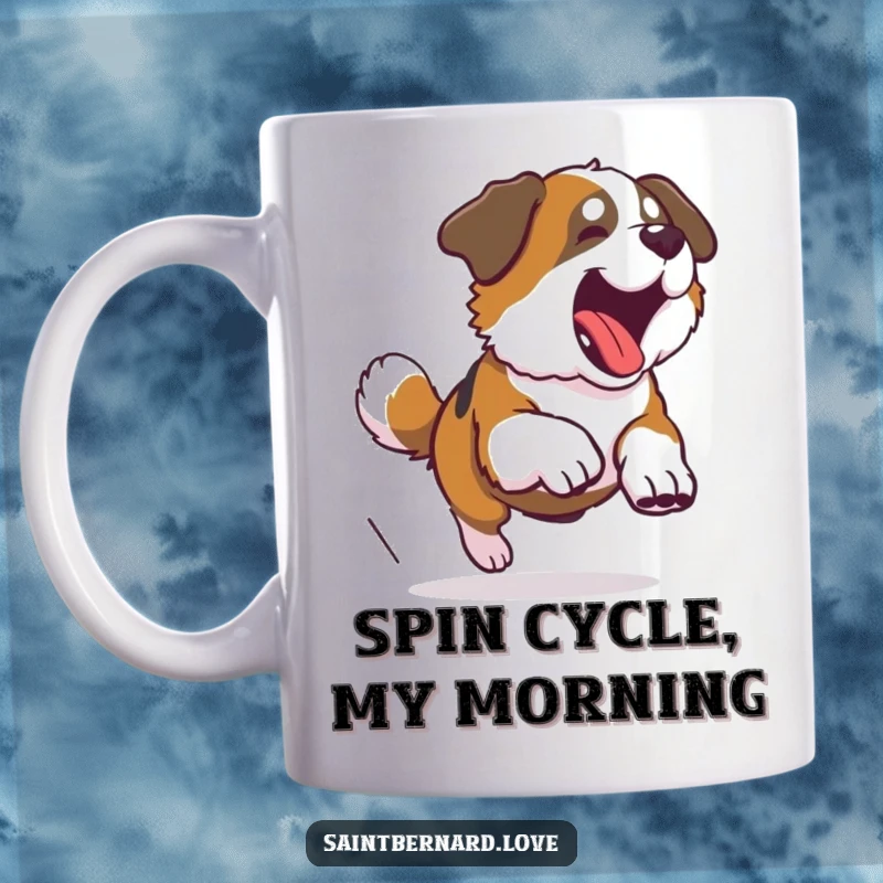 Funny Saint Bernard mug depicting a large dog playfully spinning in circles while chasing its own tail, full of goofy energy.