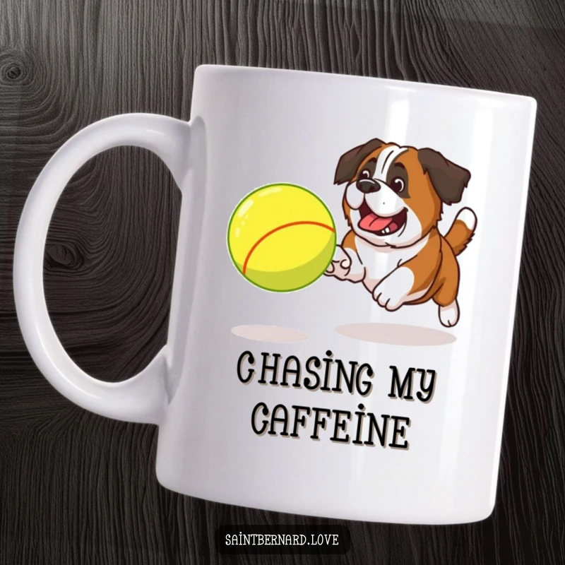 Funny Saint Bernard mug showing a large, happy dog excitedly chasing a giant, bouncing tennis ball with determination.