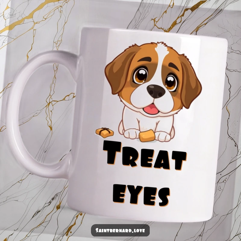 Funny Saint Bernard Mug: A Saint Bernard with wide, pleading eyes looking upwards with immense hope at a carelessly dropped treat below.