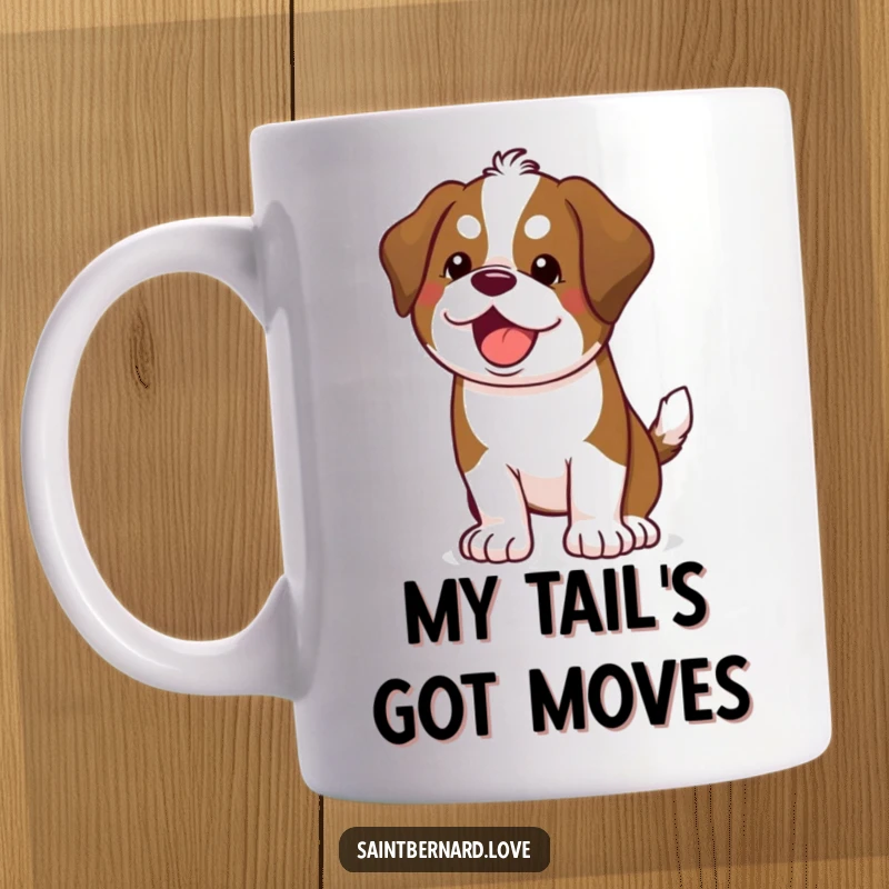 Funny Kawaii Saint Bernard Mug: A happy dog energetically wagging its tail, spreading pure joy and canine energy.