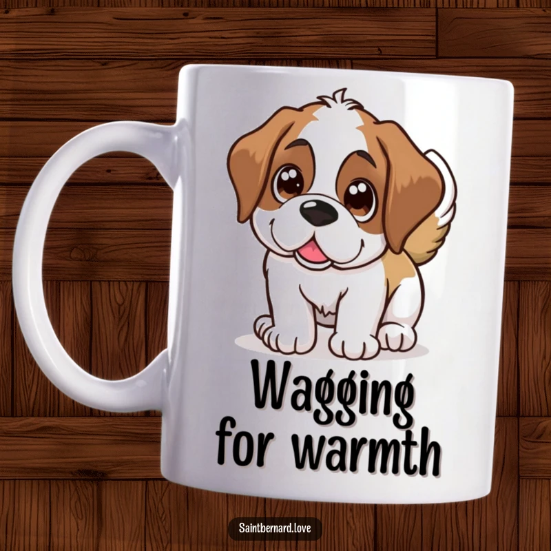 Funny Saint Bernard mug, a giant dog with big shining eyes wagging its tail, representing pure joy and happiness.