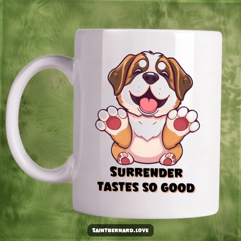 Funny Saint Bernard Mug: Saint Bernard with paws up in surrender looks utterly delighted, a picture of happy canine abandon.