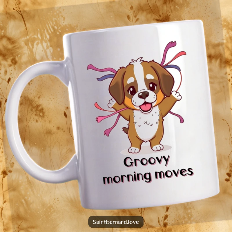 Funny Saint Bernard mug showing a dog with floppy ears joyfully dancing with streamers attached, capturing pure, uninhibited celebration and humor.