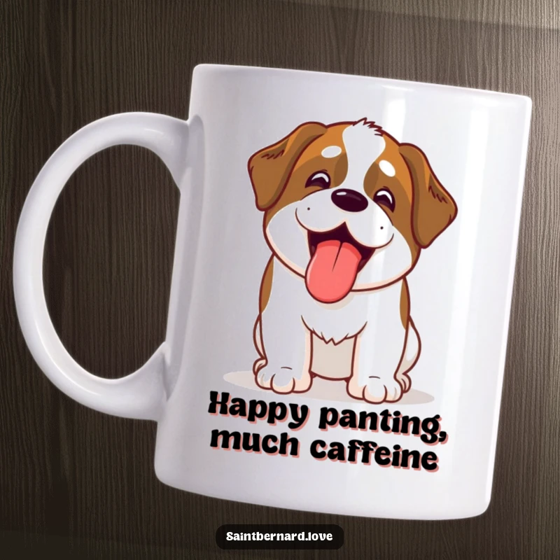 Funny Kawaii Saint Bernard mug, excitedly panting with its tongue sticking out in a joyful, happy expression.